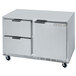 A stainless steel Beverage-Air undercounter freezer with two drawers.