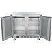 A stainless steel Beverage-Air undercounter freezer with two doors.