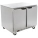 A silver Beverage-Air undercounter freezer with wheels.
