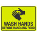 A yellow sign with black text and a hands washing symbol.