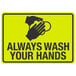 A yellow sign with black text reading "Always Wash Your Hands" with a hand washing symbol.