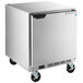 A stainless steel Beverage-Air undercounter freezer with wheels.