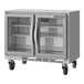 A stainless steel Beverage-Air undercounter refrigerator with two doors.