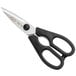 Mercer Culinary stainless steel kitchen shears with black handles.