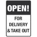 A white rectangular aluminum sign with black text reading "Open! For Delivery and Take Out"