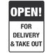 A white aluminum restaurant compliance sign that says "Open! For Delivery and Take Out" in black reflective text.