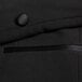 A close up of a button on a black tuxedo jacket.