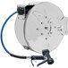 A silver cable reel with a stainless steel hose and blue accents.