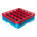 A red and blue plastic glass rack with 25 compartments and one extender, designed for washing and storing glassware.