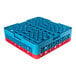 A blue and red plastic glass rack with 25 compartments and one extender.