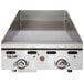 A Vulcan liquid propane commercial griddle with a chrome top and snap-action thermostatic controls.