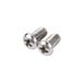 A close-up of two stainless steel screws.