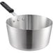 A silver aluminum Choice sauce pan with a black silicone handle.