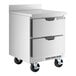 A stainless steel two-drawer worktop refrigerator on wheels.