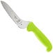 A Mercer Culinary Ultimate White bread knife with a green handle.