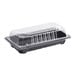 A small rectangular black food container with a clear plastic lid.