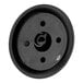 A black round plastic knob with holes in it.