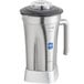 a silver blender with a black lid