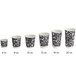 A row of Choice Coffee Break paper hot cups with black and white designs including a coffee cup with white text.