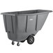 A grey plastic container with wheels.