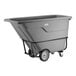 A gray heavy-duty tilt truck or trash cart with a 1 cubic yard capacity and sturdy wheels.