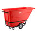 A red heavy-duty tilt truck or trash cart with a 0.5 cubic yard capacity and wheels for easy transport.