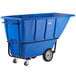 A blue plastic container with black wheels.