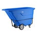 A blue heavy-duty tilt truck or trash cart with a 1 cubic yard capacity and sturdy wheels.