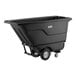 A black heavy-duty tilt truck or trash cart with a 0.5 cubic yard capacity and wheels, designed for transporting large loads.