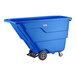 A blue light-duty tilt truck or trash cart with wheels and a large open top.