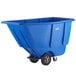 A blue plastic container with black wheels.