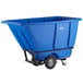 A blue plastic container with black wheels.