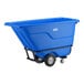 A blue heavy-duty tilt truck or trash cart with a large rectangular bin and sturdy wheels.