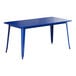 A blue rectangular Lancaster Table & Seating outdoor table with metal legs.