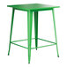 A Lancaster Table & Seating jade green metal bar height table with a square top and legs.