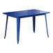 A Lancaster Table & Seating blue table with metal legs.