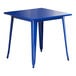 A blue square Lancaster Table & Seating Alloy table with legs.