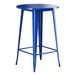 A blue Lancaster Table & Seating bar height table with a metal base.