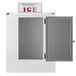 A Leer outdoor ice merchandiser with a galvanized steel door open.