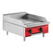 An Avantco Chef Series gas griddle with red and black accents on a countertop.