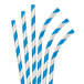 A close-up of Aardvark blue and white striped paper straws.