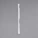 A white paper straw wrapped in yellow and white striped paper with blue and yellow text.