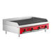 An Avantco red and silver gas countertop charbroiler.