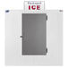 A white outdoor ice merchandiser with a galvanized steel door.