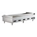 An Avantco stainless steel countertop gas griddle with two burners and thermostatic controls.