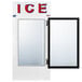 A white rectangular ice merchandiser with a black rectangular frame and glass door.