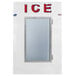 A white Leer indoor ice merchandiser with a glass door and the word "ice" on it.