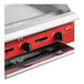 An Avantco red and black countertop gas griddle with manual controls.