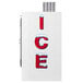 A white refrigerator with red letters that say "Ice" on it.