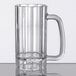 A clear plastic beer mug with a handle.